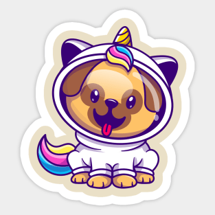 Cute Pug Dog Astronaut Wearing Unicorn Costume Cartoon Sticker